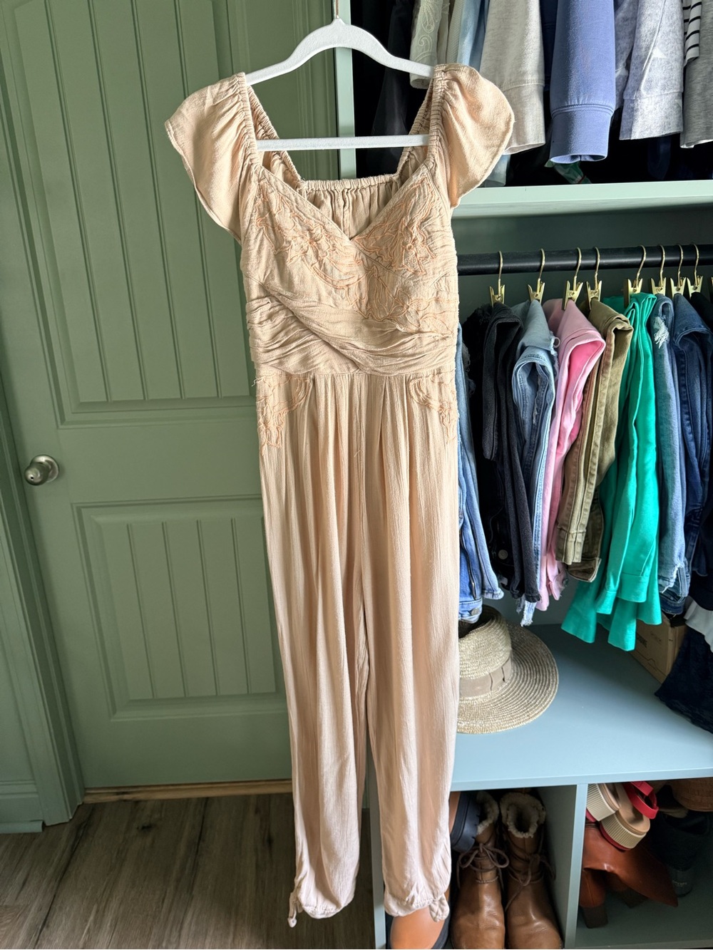 Free People Women's Beige Jumpsuit with Peach Embroidery